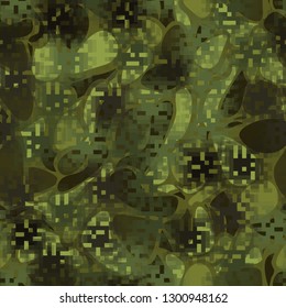 Seamless camouflage. The front layer is pixel.
The background consists of spots with soft contours. Editable.