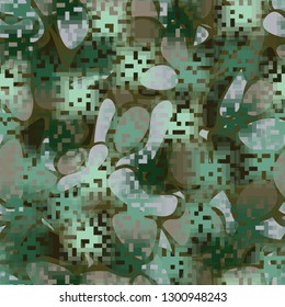 Seamless camouflage. The front layer is pixel.
The background consists of spots with soft contours. Editable.