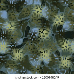 Seamless camouflage. The front layer is pixel.
The background consists of spots with soft contours. Editable.