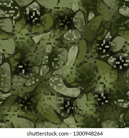 Seamless camouflage. The front layer is pixel.
The background consists of spots with soft contours. Editable.