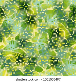 Seamless camouflage. The front layer is pixel.
The background consists of irregular spots with smooth outlines. Editable.