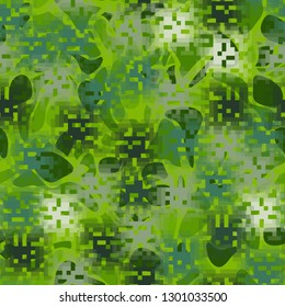 Seamless camouflage. The front layer is pixel.
The background consists of irregular spots with smooth outlines. Editable.