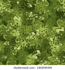Seamless camouflage. The front layer is pixel.
The background consists of angular curves figures. Editable.