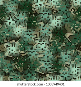 Seamless camouflage. The front layer is pixel.
The background consists of angular curves figures. Editable.