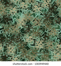 Seamless camouflage. The front layer is pixel.
The background consists of angular curves figures. Editable.