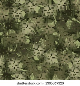 Seamless camouflage. The front layer is pixel.
The background consists of chaos of acute abstract elements. Editable.