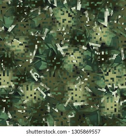 Seamless camouflage. The front layer is pixel.
The background consists of chaos of acute abstract elements. Editable.