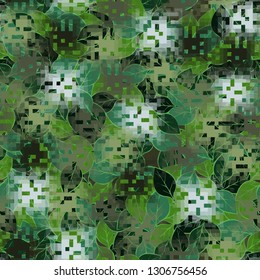 Seamless camouflage. The front layer is pixel.
The background consists of chaos of leaves. Editable.