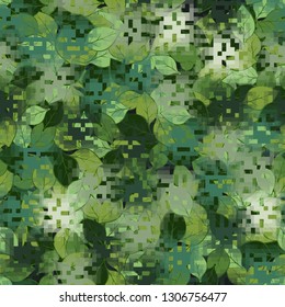 Seamless camouflage. The front layer is pixel.
The background consists of chaos of leaves. Editable.
