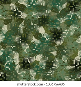 Seamless camouflage. The front layer is pixel.
The background consists of chaos of leaves. Editable.