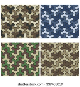 Seamless Camouflage Geometric Pattern Set. Three And Six Color Variants. Tiled Ornament With Hexagons. Vector.