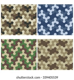 Seamless Camouflage Geometric Pattern Set. Three And Six Color Variants. Tiled Ornament With Hexagons. Vector.