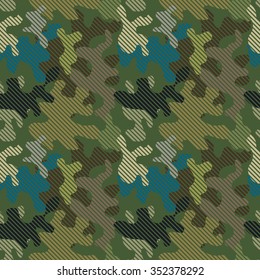 Seamless camouflage hatched pattern. Man fashion. Military textile collection. Green, khaki, blue. Backgrounds & textures shop.