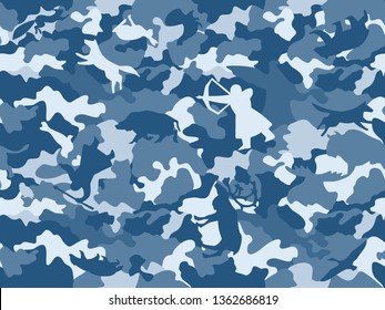 Seamless camouflage with images of animals and hunters of the Far North. Camouflage in blue and white. Illustration.