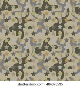 Seamless camouflage light khaki pattern with stars. Man fashion. Military textile collection.