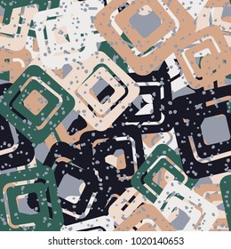 Seamless camouflage made of randomly scribbled colored rounded squares.