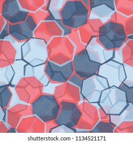 Seamless camouflage made up of translucent heptagons. Editable pattern. Above the pattern is a texture consisting of four-sided elements with clear edges.