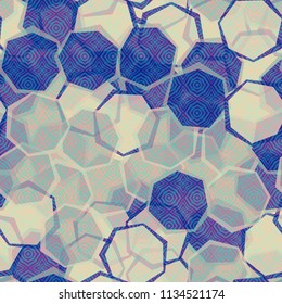 Seamless camouflage made up of translucent heptagons. Editable pattern. Above the pattern is a texture consisting of four-sided elements with clear edges.