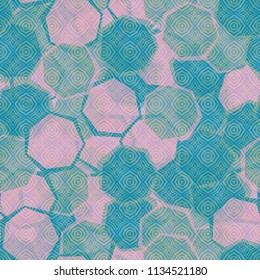 Seamless camouflage made up of translucent heptagons. Editable pattern. Above the pattern is a texture consisting of four-sided elements with clear edges.