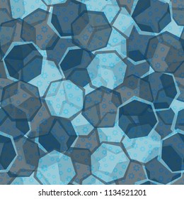 Seamless camouflage made up of translucent heptagons. Editable pattern. Above the picture is a scattering of seven-pointed contour stars.