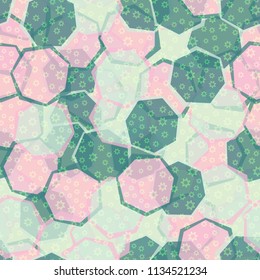 Seamless camouflage made up of translucent heptagons. Editable pattern. Above the picture is a scattering of seven-pointed contour stars.