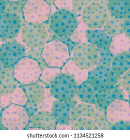 Seamless camouflage made up of translucent heptagons. Editable pattern. Above the picture is a scattering of five-pointed stars.