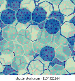 Seamless camouflage made up of translucent heptagons. Editable pattern. Above the picture is a scattering of five-pointed stars.