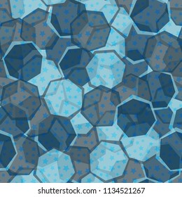Seamless camouflage made up of translucent heptagons. Editable pattern. Above the picture is a scattering of five-pointed stars.