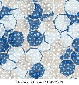 Seamless camouflage made up of translucent heptagons. Editable pattern. Above the picture is a scattering of five-pointed stars.