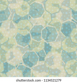 Seamless camouflage made up of translucent heptagons. Editable pattern. Above the picture is a scattering of five-pointed stars.