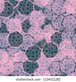 Seamless camouflage made up of translucent heptagons. Editable pattern. Above the picture is a scattering of five-pointed stars.