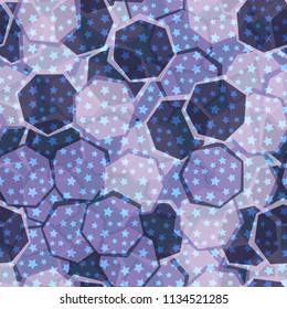 Seamless camouflage made up of translucent heptagons. Editable pattern. Above the picture is a scattering of five-pointed stars.