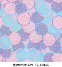 Seamless camouflage made up of translucent heptagons. Editable pattern. Above the picture is a scattering of five-pointed stars.