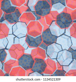 Seamless camouflage made up of translucent heptagons. Editable pattern. Above the pattern is a scattering of round spots.