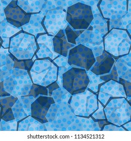 Seamless camouflage made up of translucent heptagons. Editable pattern. Above the pattern is a scattering of round spots.