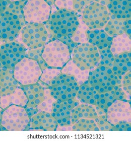 Seamless camouflage made up of translucent heptagons. Editable pattern. Above the pattern is a scattering of round spots.