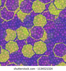 Seamless camouflage made up of translucent heptagons. Editable pattern. Above the pattern is a scattering of round spots.