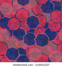 Seamless camouflage made up of translucent heptagons. Editable pattern. Above the pattern is a scattering of round spots.