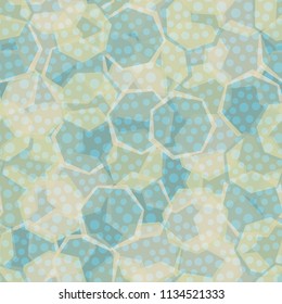 Seamless camouflage made up of translucent heptagons. Editable pattern. Above the pattern is a scattering of round spots.