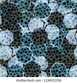 Seamless camouflage made up of translucent heptagons. Editable pattern. Above the pattern is a scattering of round spots.