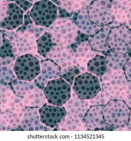 Seamless camouflage made up of translucent heptagons. Editable pattern. Above the pattern is a scattering of round spots.