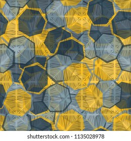 Seamless camouflage made up of translucent heptagons. Editable pattern. A fibrous texture is thrown over the picture.