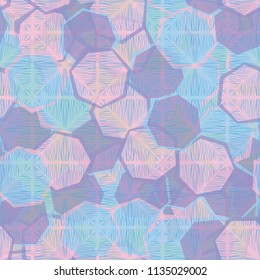 Seamless camouflage made up of translucent heptagons. Editable pattern. A fibrous texture is thrown over the picture.