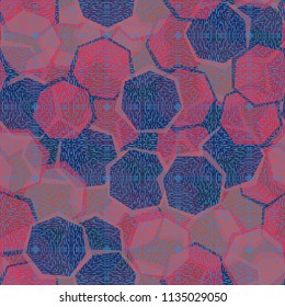 Seamless camouflage made up of translucent heptagons. Editable pattern. Above the picture is a texture consisting of squares resembling beech.