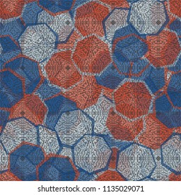 Seamless camouflage made up of translucent heptagons. Editable pattern. Above the picture is a texture consisting of squares resembling beech.