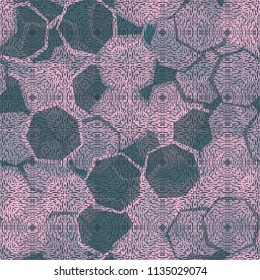 Seamless camouflage made up of translucent heptagons. Editable pattern. Above the picture is a texture consisting of squares resembling beech.
