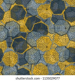 Seamless camouflage made up of translucent heptagons. Editable pattern. Above the picture is a texture consisting of squares resembling beech.