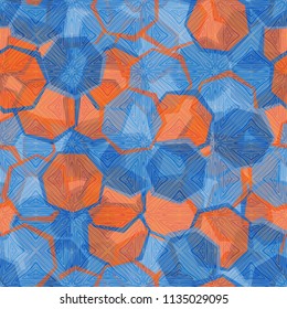 Seamless camouflage made up of translucent heptagons. Editable pattern. Above the pattern is a texture consisting of squares having a pattern similar to a wood cut.