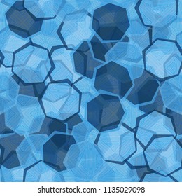 Seamless camouflage made up of translucent heptagons. Editable pattern. Above the pattern is a texture consisting of squares having a pattern similar to a wood cut.