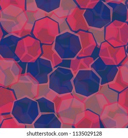 Seamless camouflage made up of translucent heptagons. Editable pattern. Above the pattern is a texture consisting of squares having a pattern similar to a wood cut.